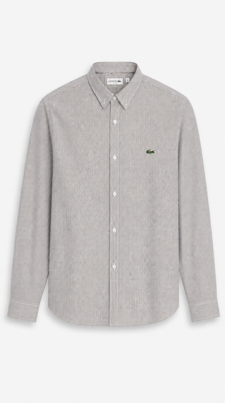 Camisa Algodón Oxford Lacoste Gris Con Cuadritos