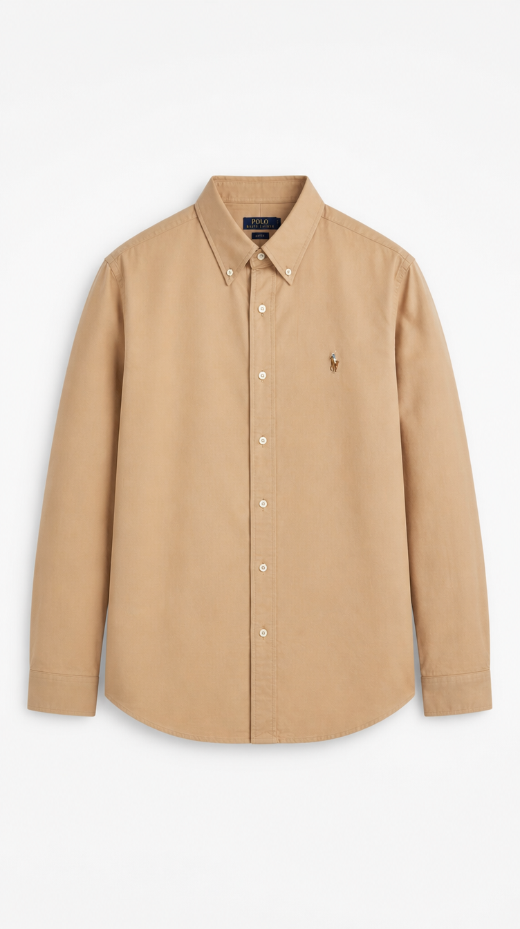 Camisa Algodón Oxford Ralph Lauren Beige Logo Humano