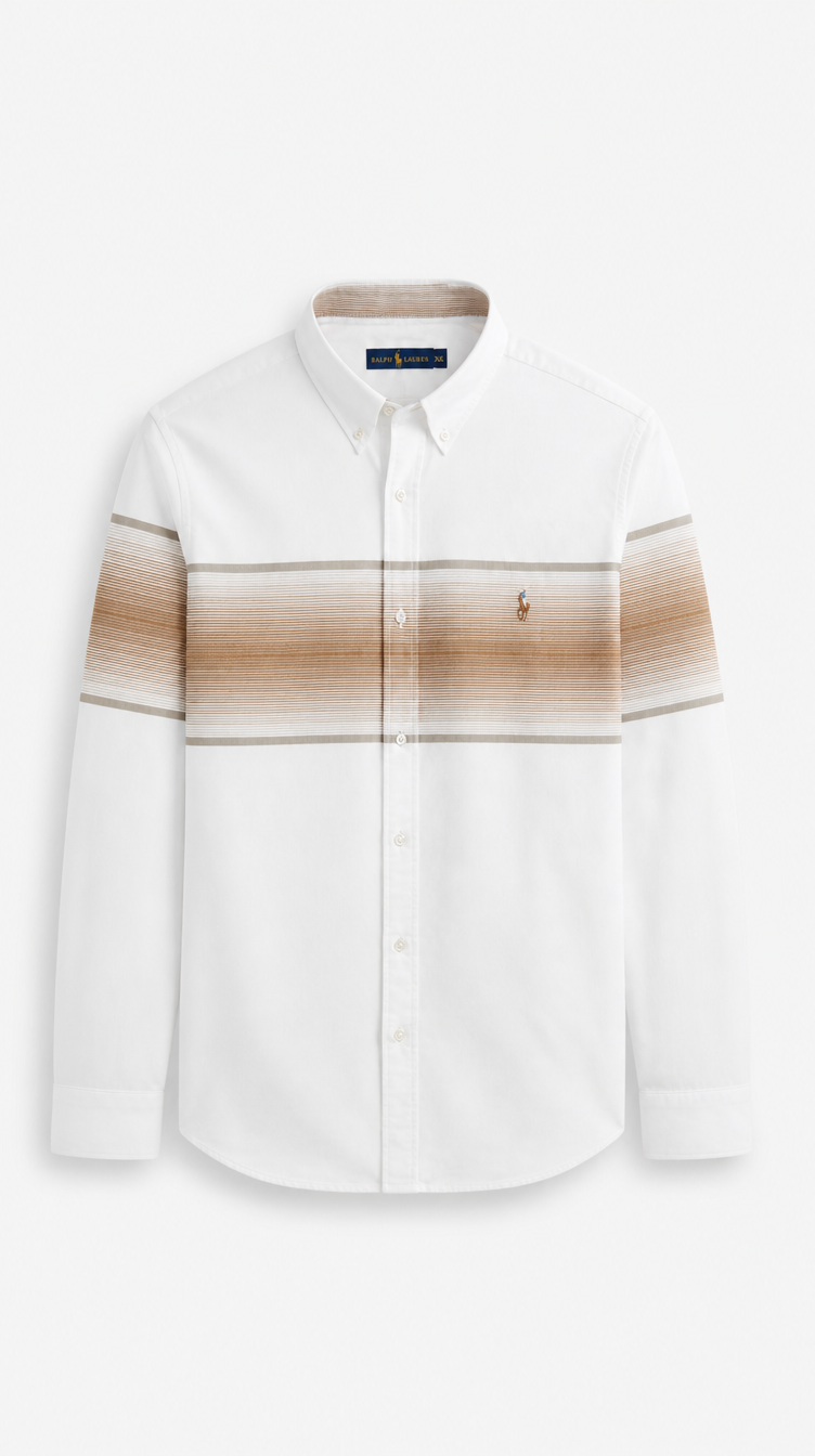 Camisa Algodón Oxford Ralph Lauren Blanca Franja Beige