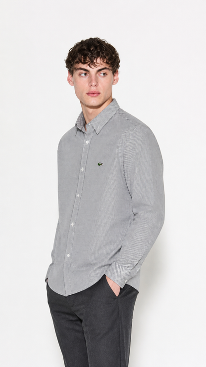 Camisa Algodón Oxford Lacoste Gris Con Cuadritos