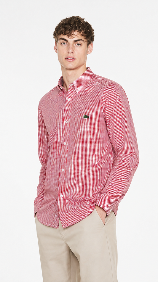 Camisa Algodón Oxford Lacoste Rojo Con Cuadritos