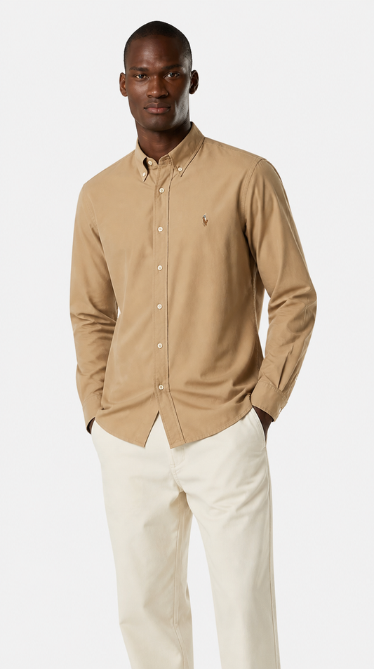 Camisa Algodón Oxford Ralph Lauren Beige Logo Humano