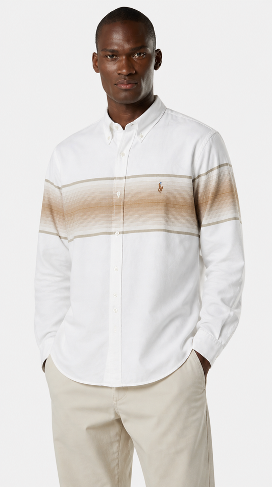 Camisa Algodón Oxford Ralph Lauren Blanca Franja Beige