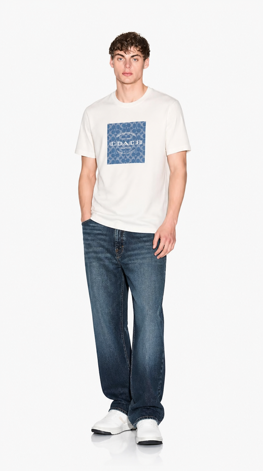 Camiseta Algodón Pima Coach Diseño Logo Grande Blanca Azul