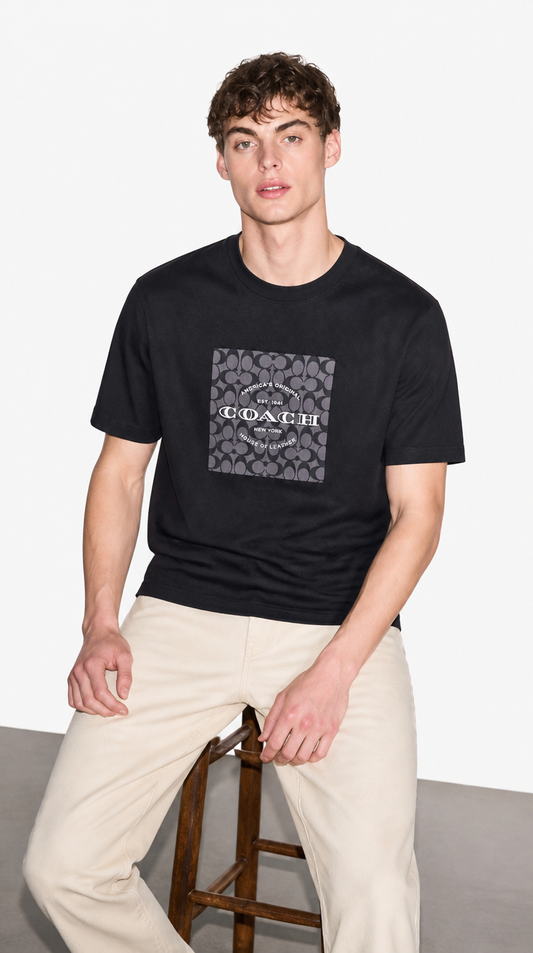 Camiseta Algodón Pima Coach Logo Grande Negro Gris