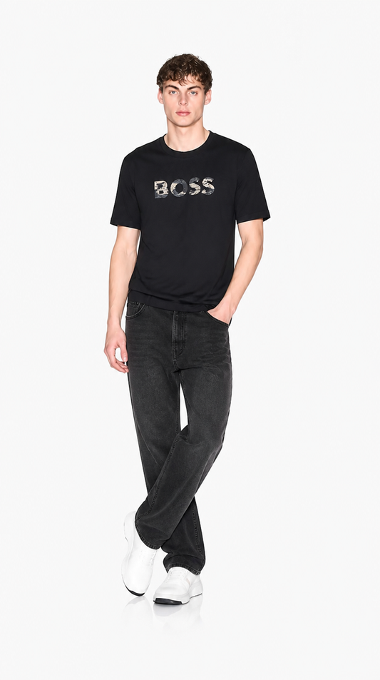 Camiseta Algodón Pima Diseño Boss Negro Logo Camuflado